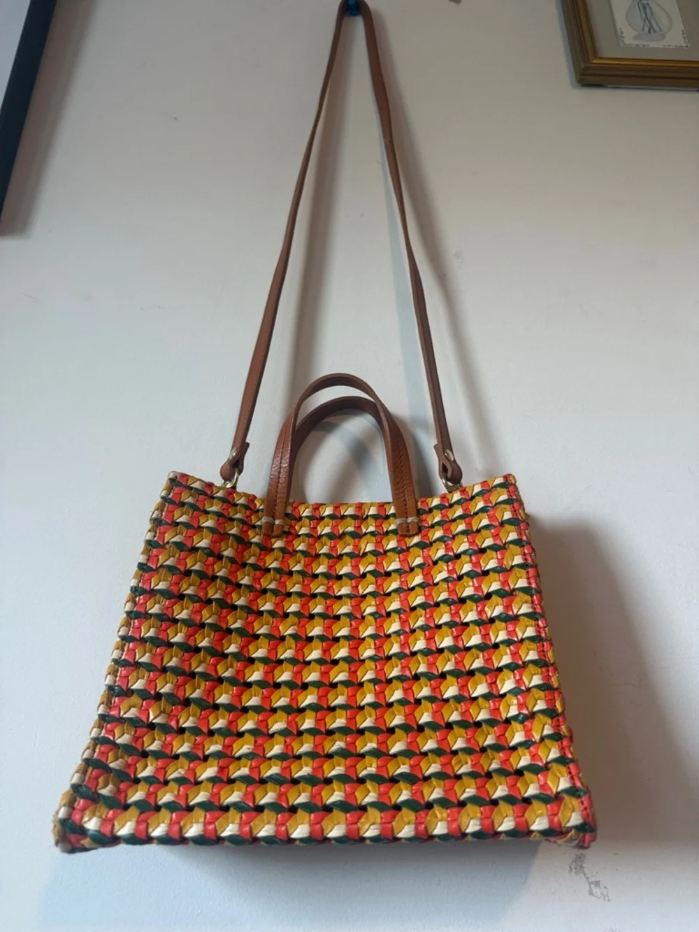 Clare V Multicolor Woven Tote in Red, Yellow & Green with Brown Handles - Picture 9 of 13